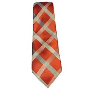 J Ferrar Mens Tie Orange Grey Plaid Silk Blend Necktie Formal Business